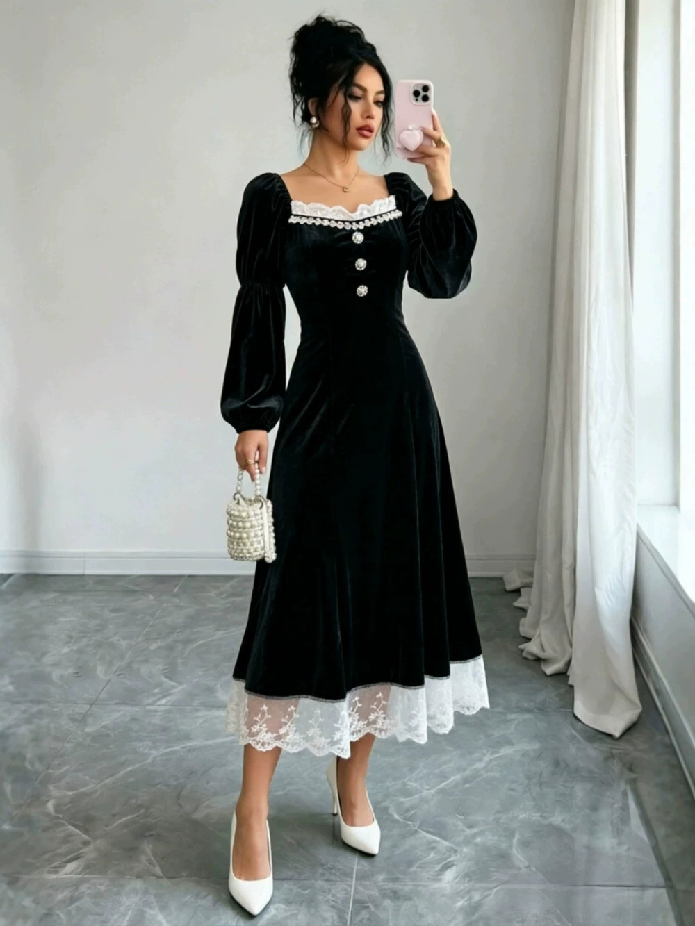 ZARA French Hepburn Luxury Black Velvet Long Sleeve Dress